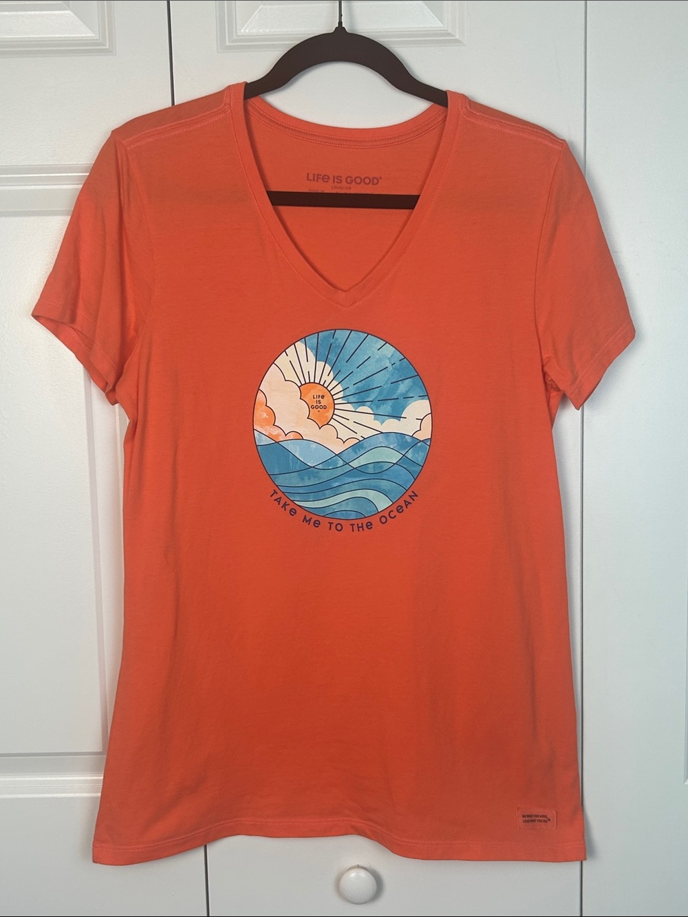 Life Is Good Orange/Coral V-Neck Tee with Blue Ocean Graphic